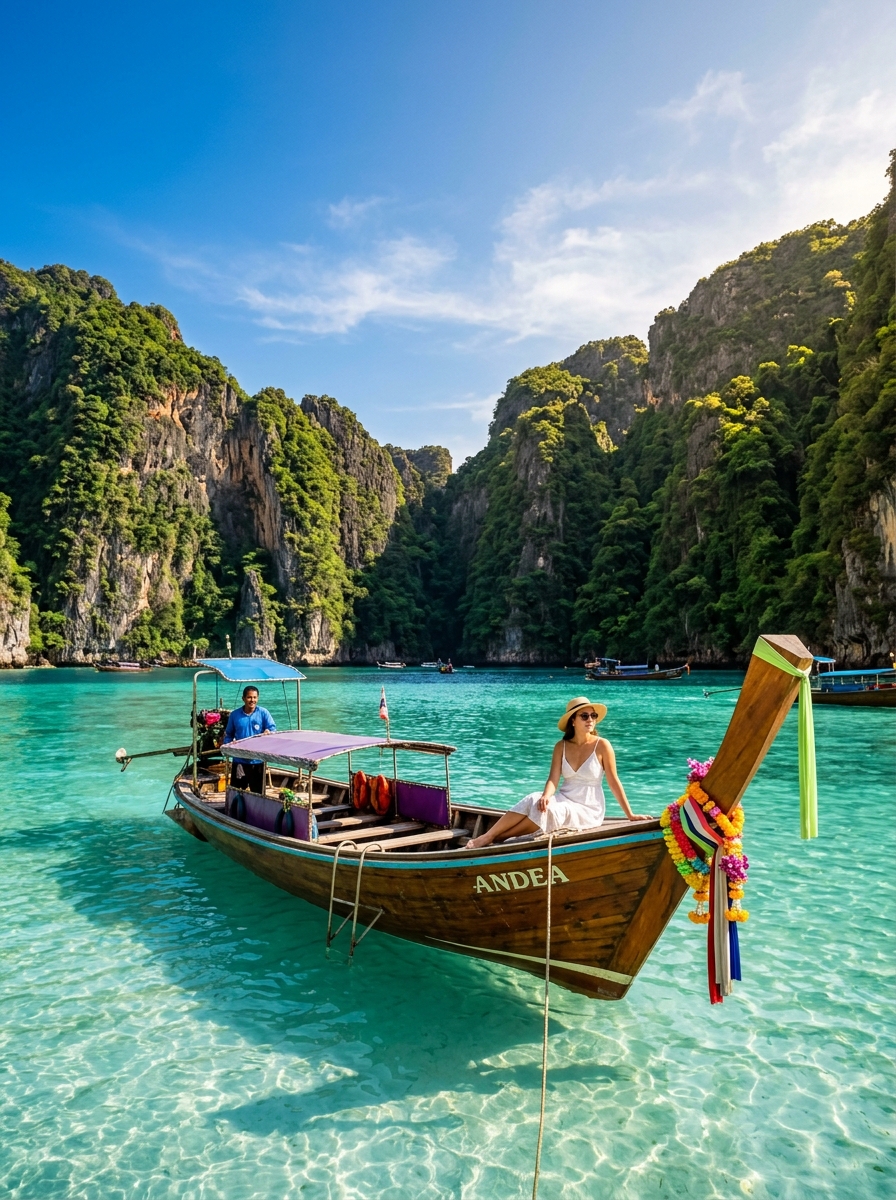 Crystal turquoise waters and traditional longtail boat in Thailand